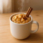 Apple Pie Mug Cake in white mug on wooden surface with cinnamon garnish