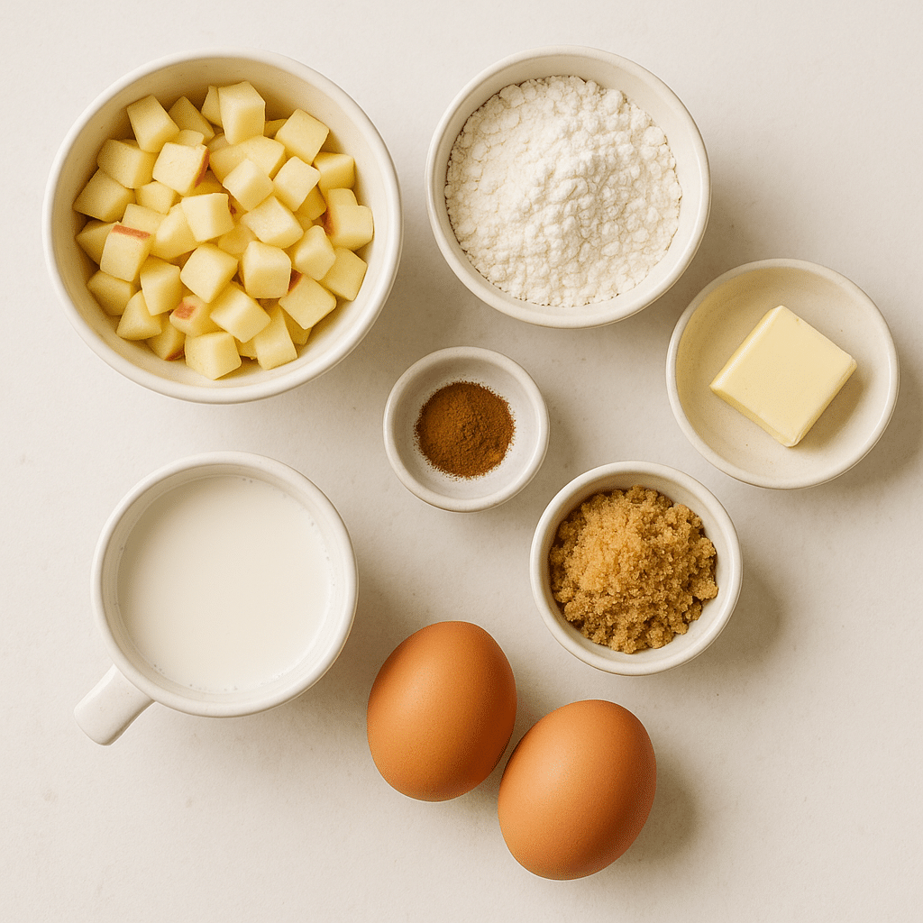 Apple pie mug cake ingredients flat lay on white countertop