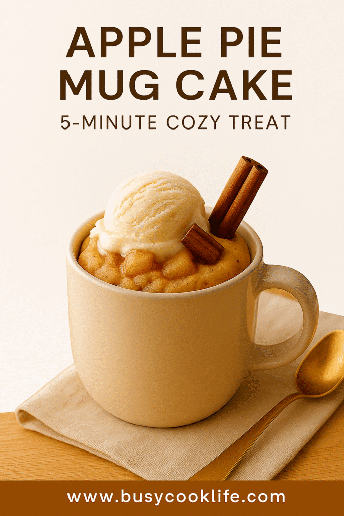 Apple pie mug cake Pinterest image with branded Busy Cook Life text overlay