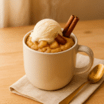 Served apple pie mug cake with vanilla ice cream and cinnamon