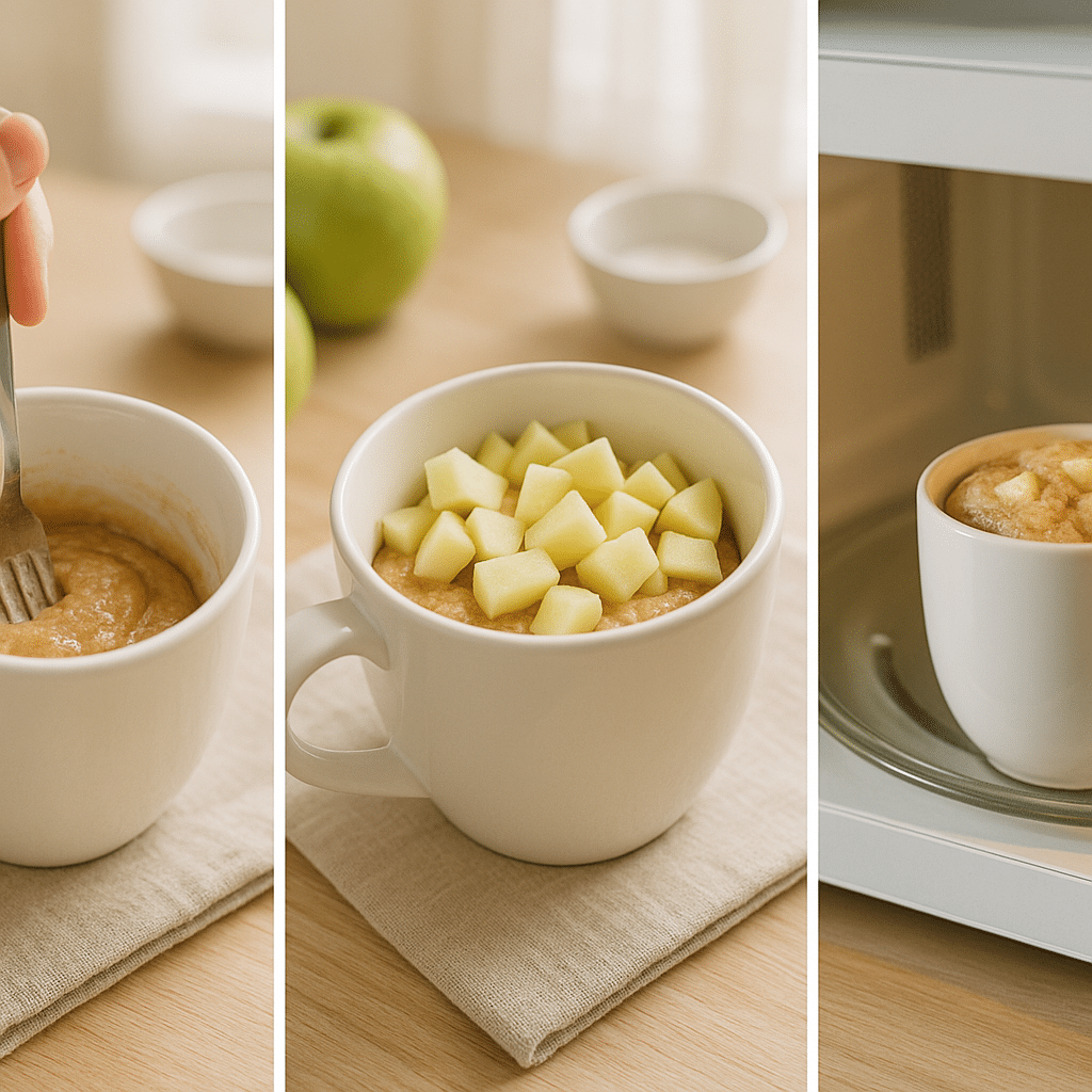 Step-by-step process making apple pie mug cake in a white mug