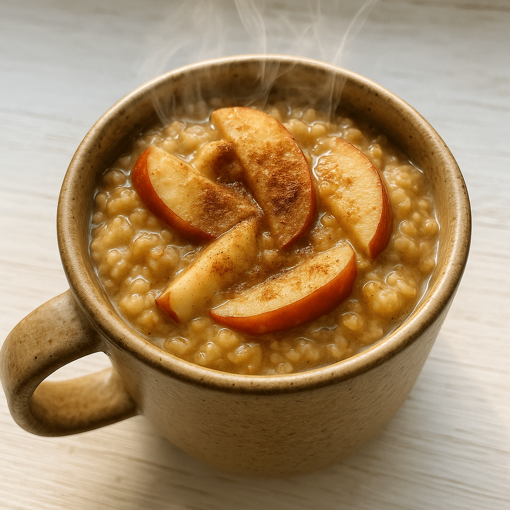 Apple pie oatmeal in a mug served hot with cinnamon