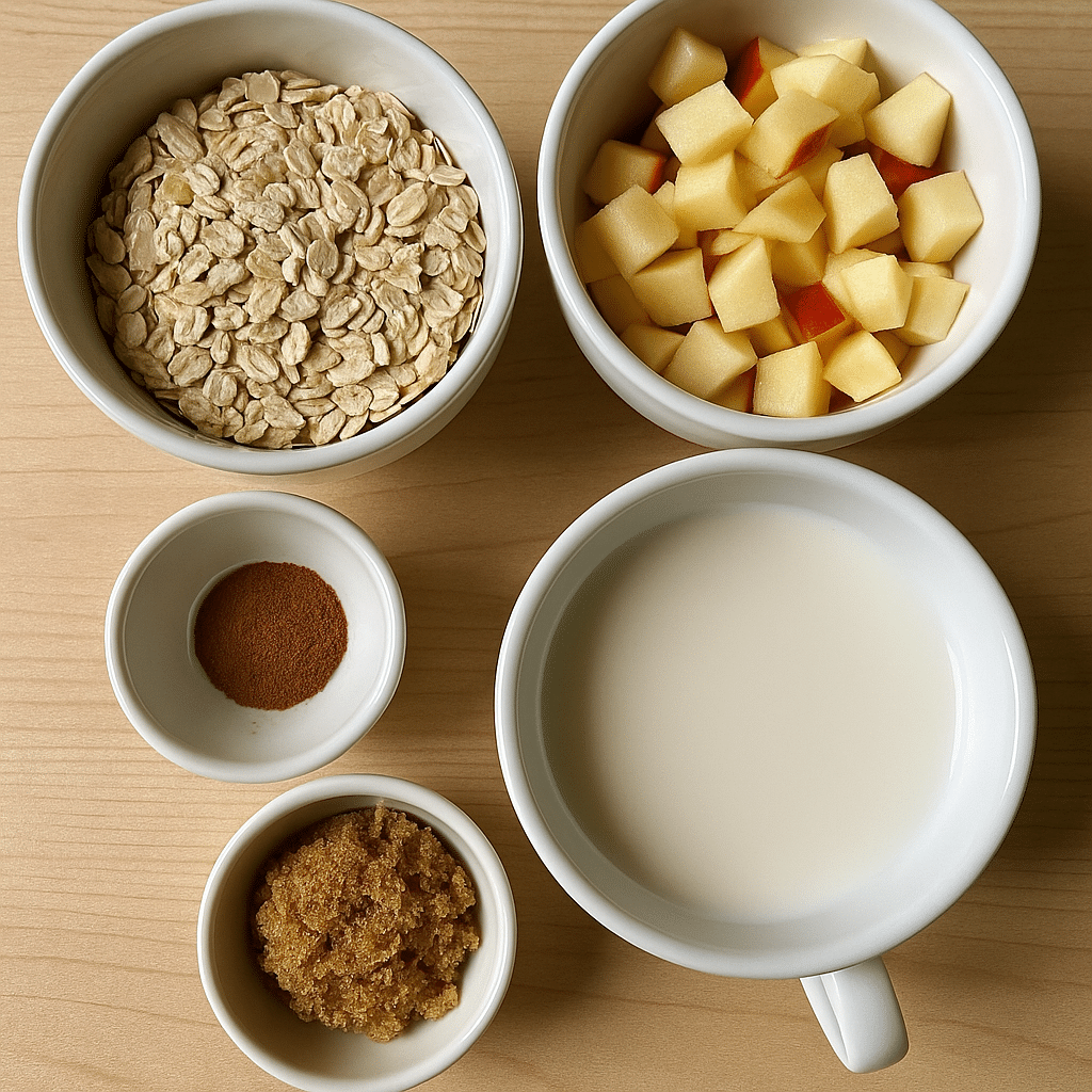 Ingredients for apple pie oatmeal in a mug