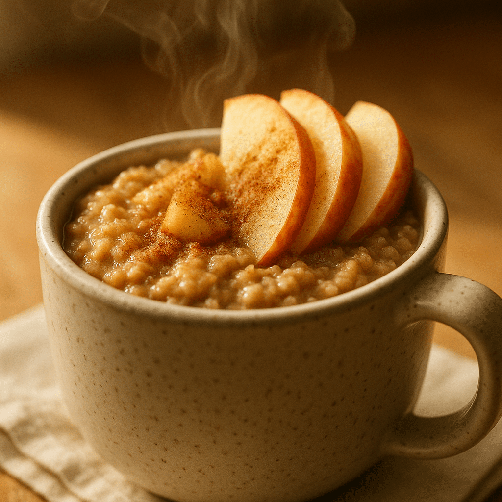Steaming apple pie oatmeal in a mug ready to eat