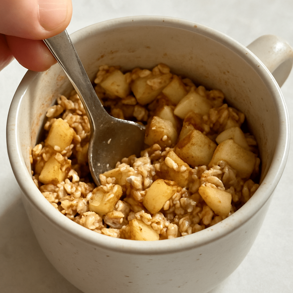 Mixing apple pie oatmeal in a mug before microwaving