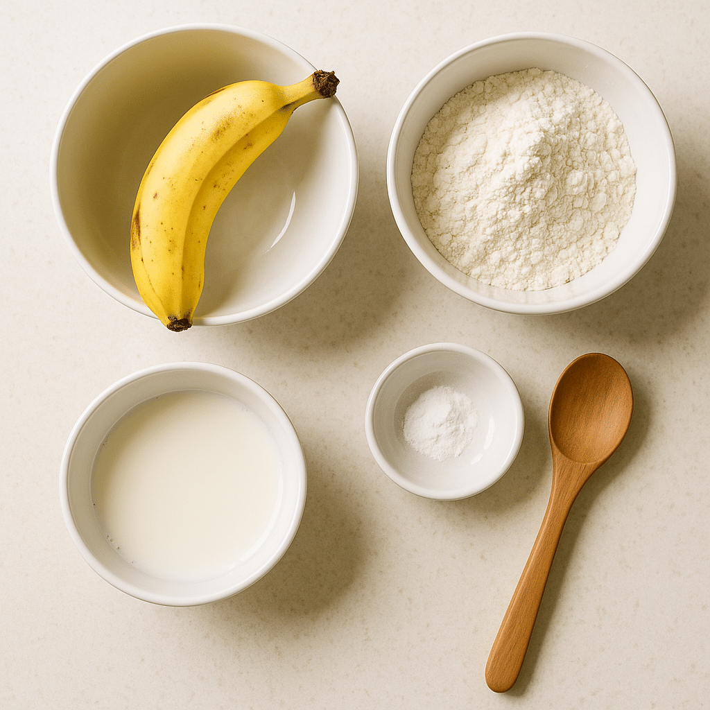 Ingredients for banana pancakes mug arranged on white surface