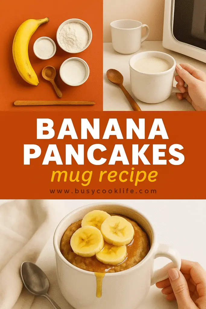 Banana pancakes mug Pinterest image with branded step-by-step layout and cozy breakfast visuals