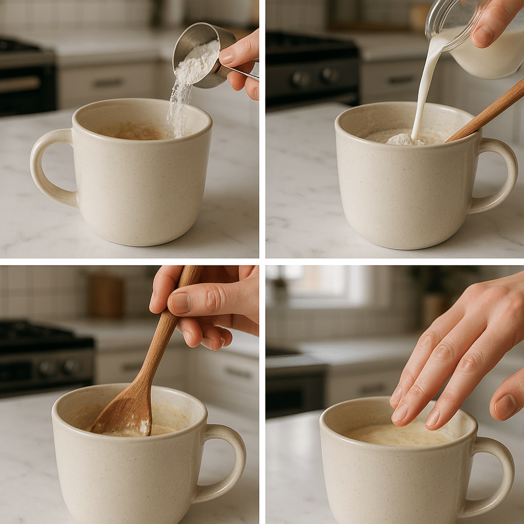 Banana pancakes mug preparation steps in a bright kitchen