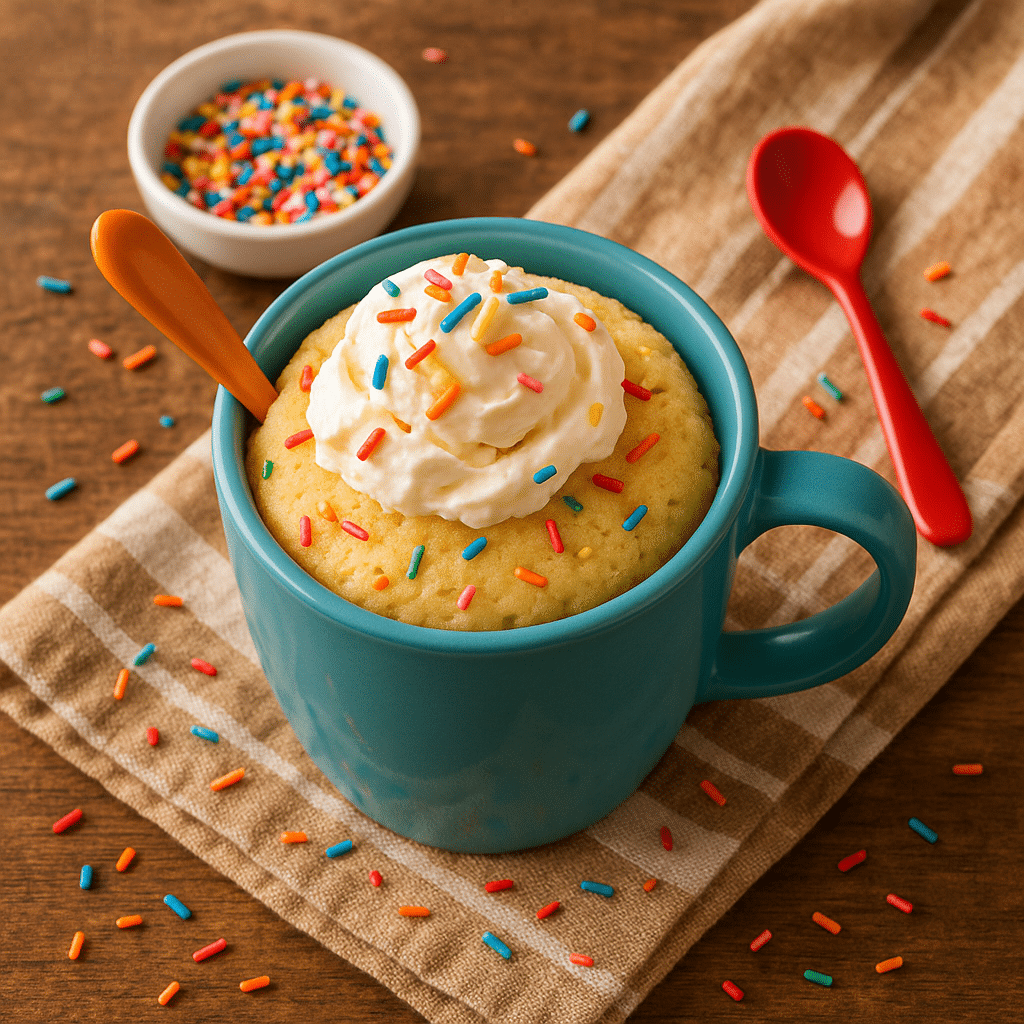 birthday mug cake with whipped cream and sprinkles