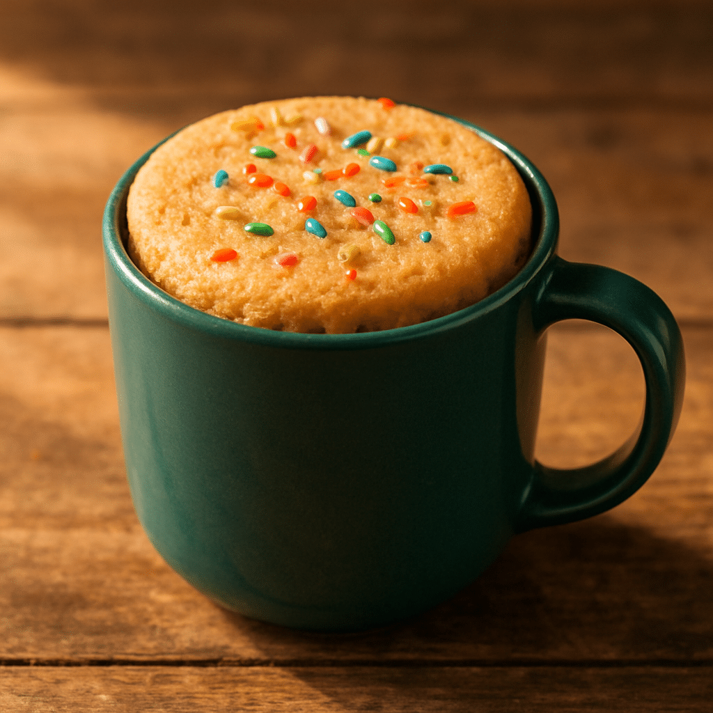 fully cooked birthday mug cake in microwave mug