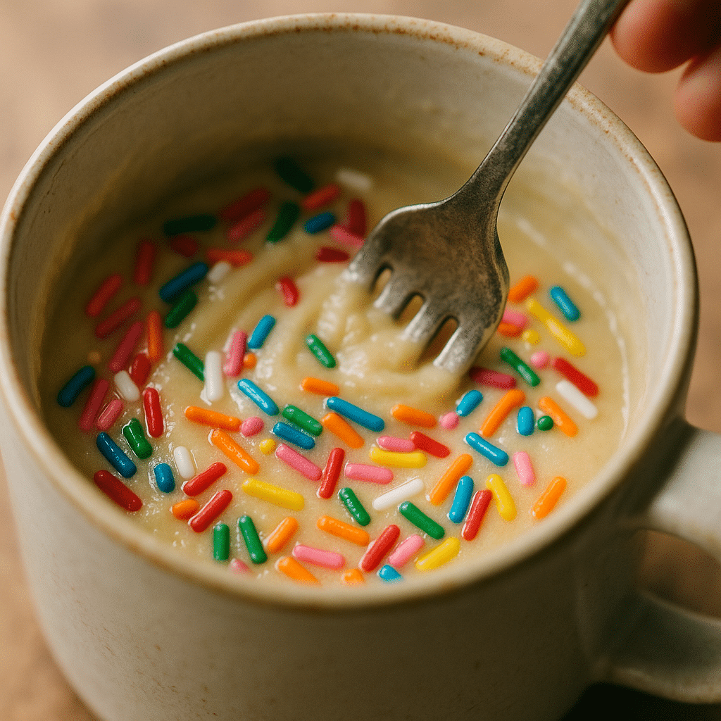 mixing birthday mug cake batter in mug