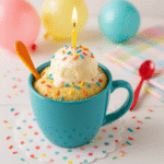 birthday mug cake served with ice cream and candle