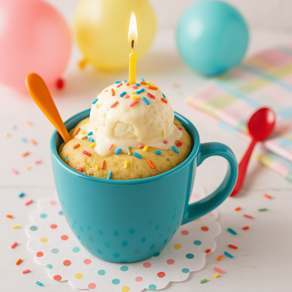 birthday mug cake served with ice cream and candle