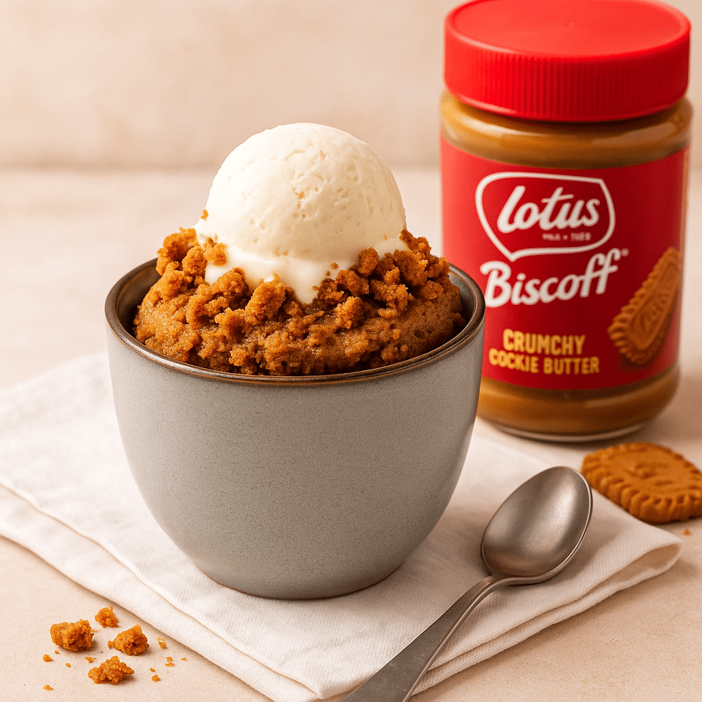 Biscoff mug cake with ice cream and crunchy topping in ceramic cup