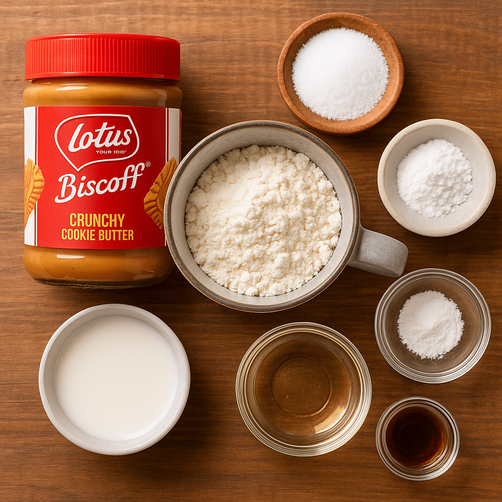 Biscoff mug cake ingredients arranged on wood: flour, sugar, cookie butter