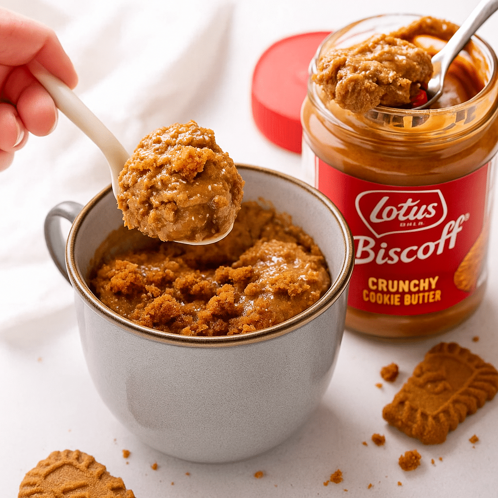 Biscoff mug cake scooped from a ceramic mug with cookie butter drizzle