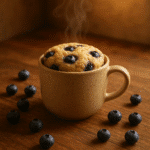Blueberry mug cake served warm in a rustic kitchen