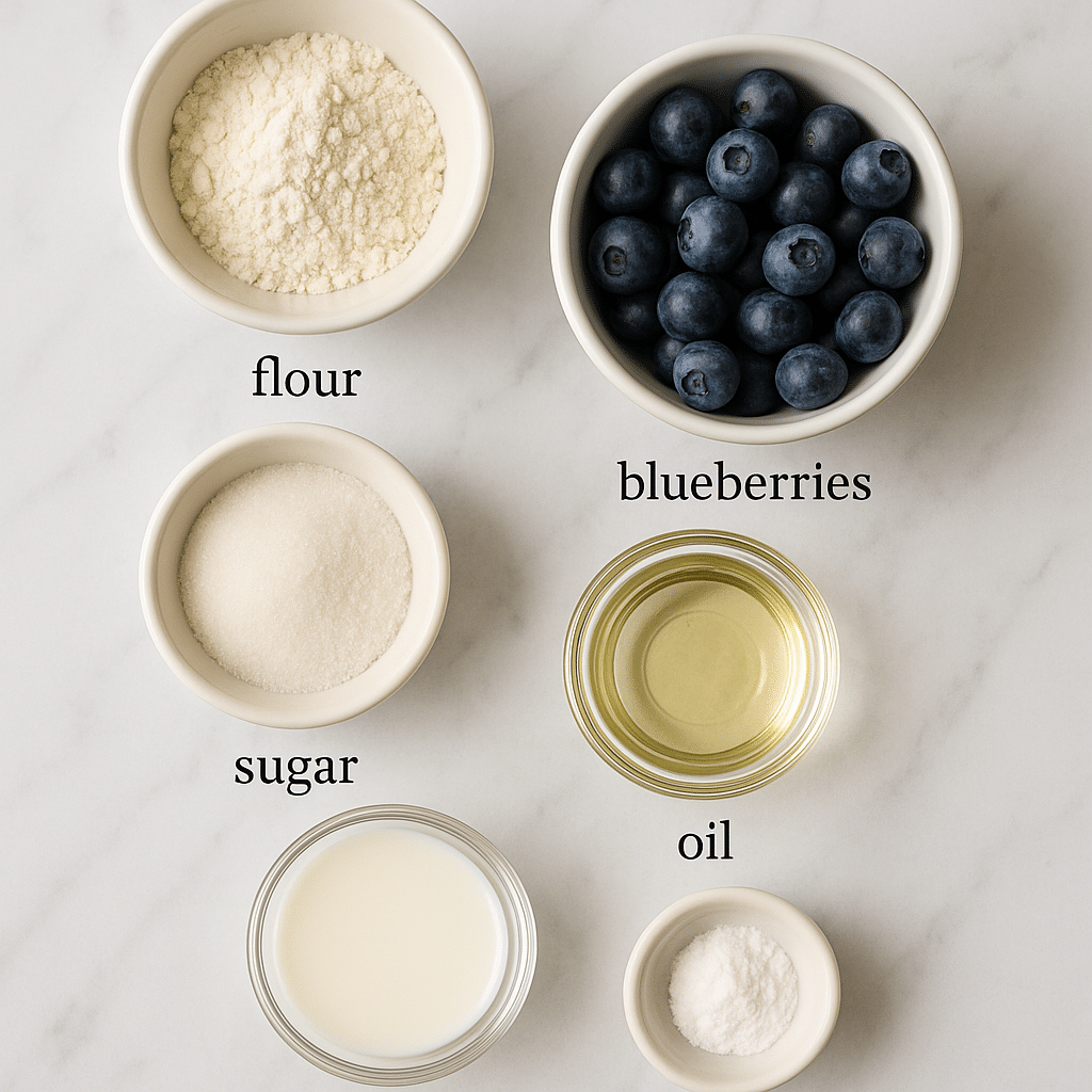 Ingredients for blueberry mug cake including flour and blueberries