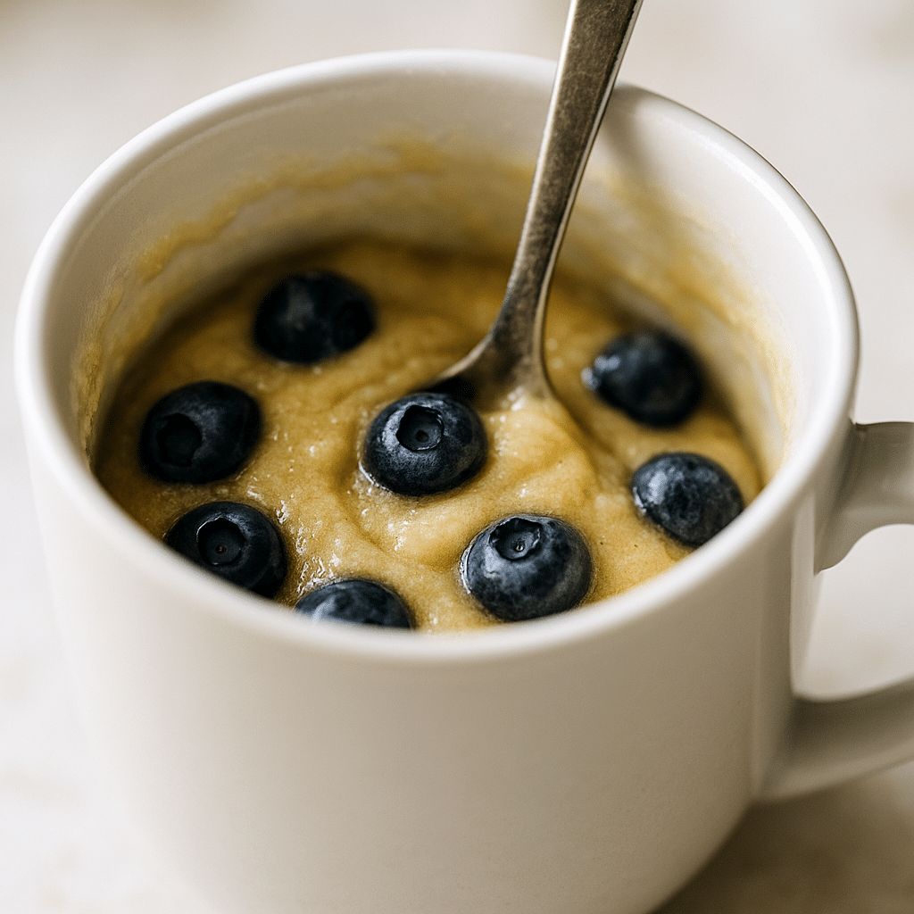 Mixing blueberry mug cake batter in a white ceramic mug