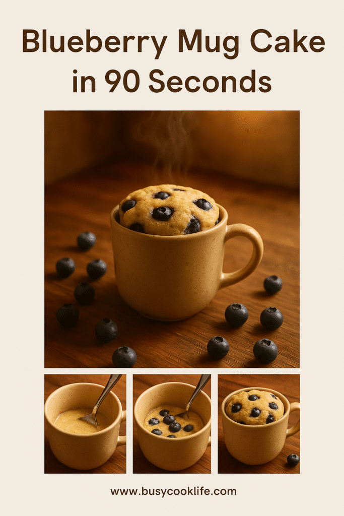 Pinterest pin with blueberry mug cake recipe steps and branding