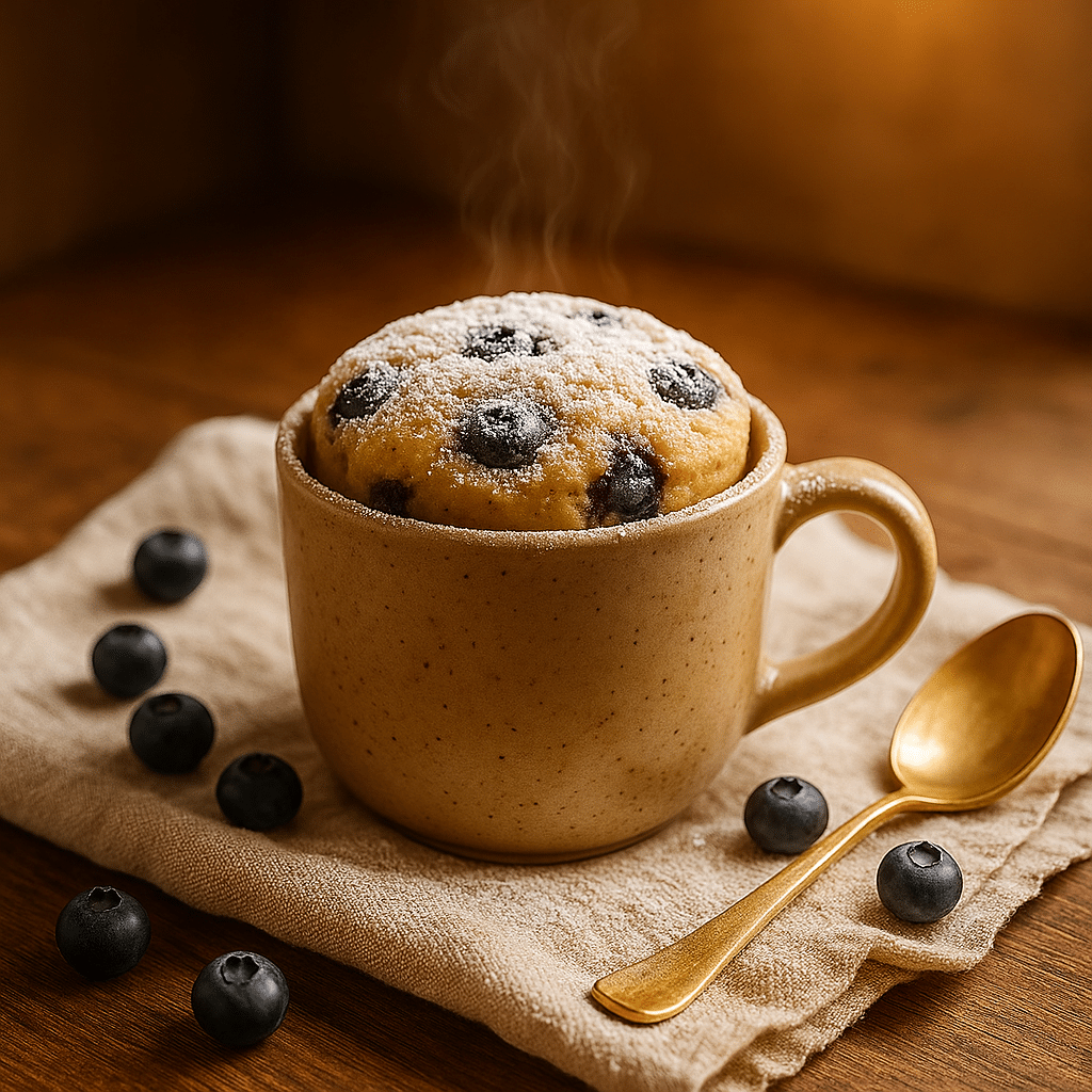 Blueberry mug cake topped with powdered sugar served in a mug