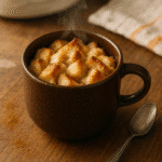 Bread pudding in a mug with golden edges and a spoon beside it