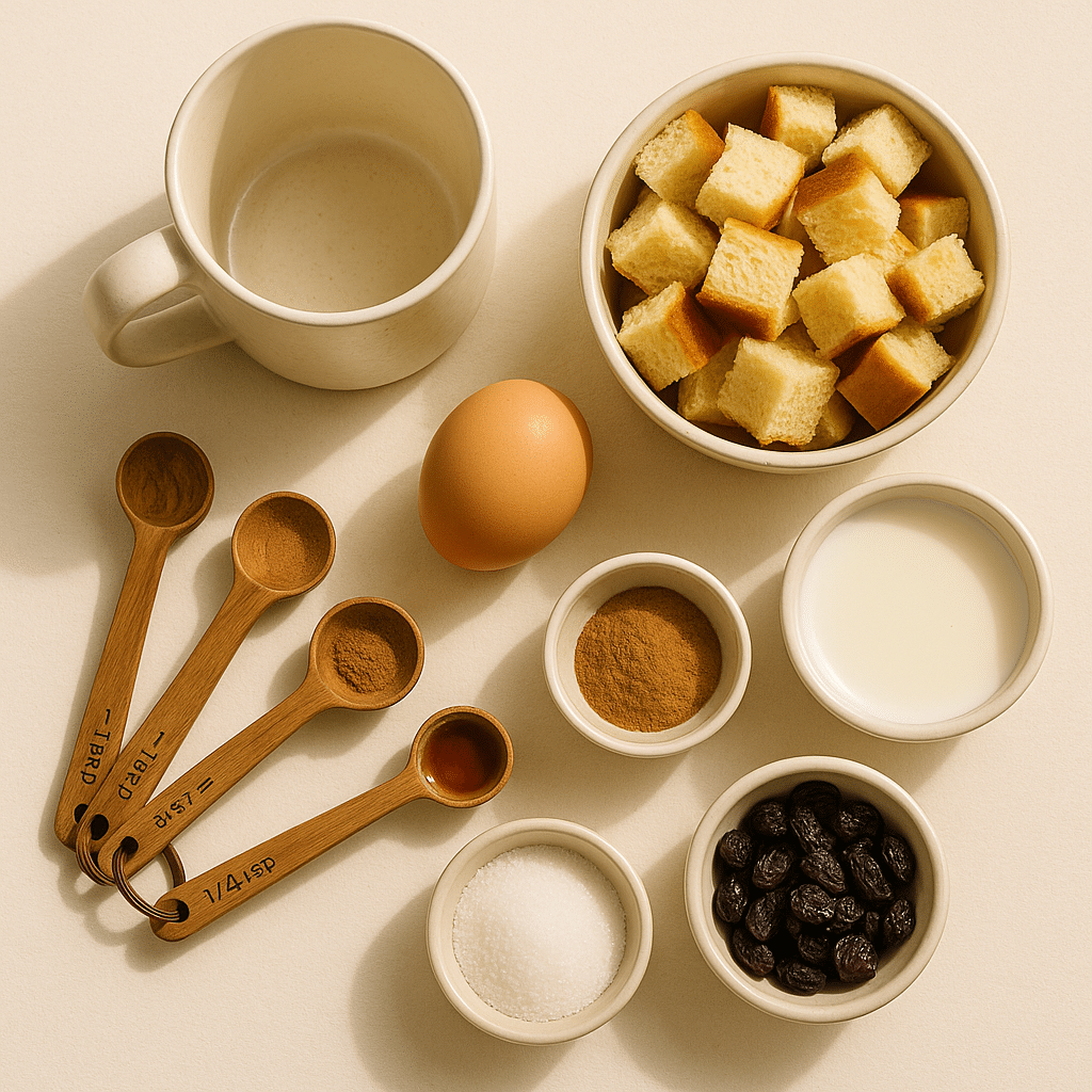 Ingredients for bread pudding in a mug laid out on a cream background