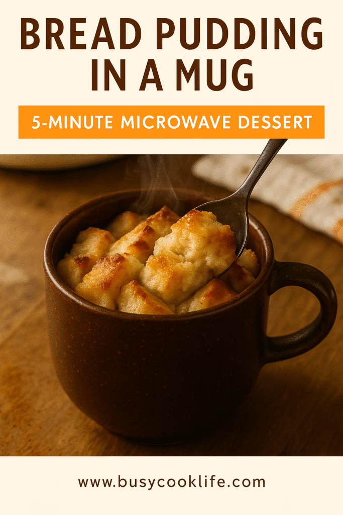Tall pin showing bread pudding in a mug with steam rising
