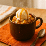 Bread pudding in a mug served with ice cream and maple syrup