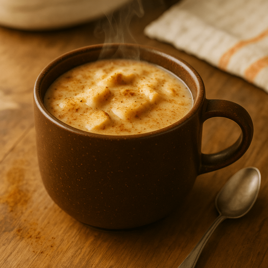 Mug with soaking bread cubes in custard mixture before microwaving