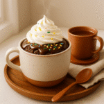 Finished cake mix mug cake with frosting and sprinkles