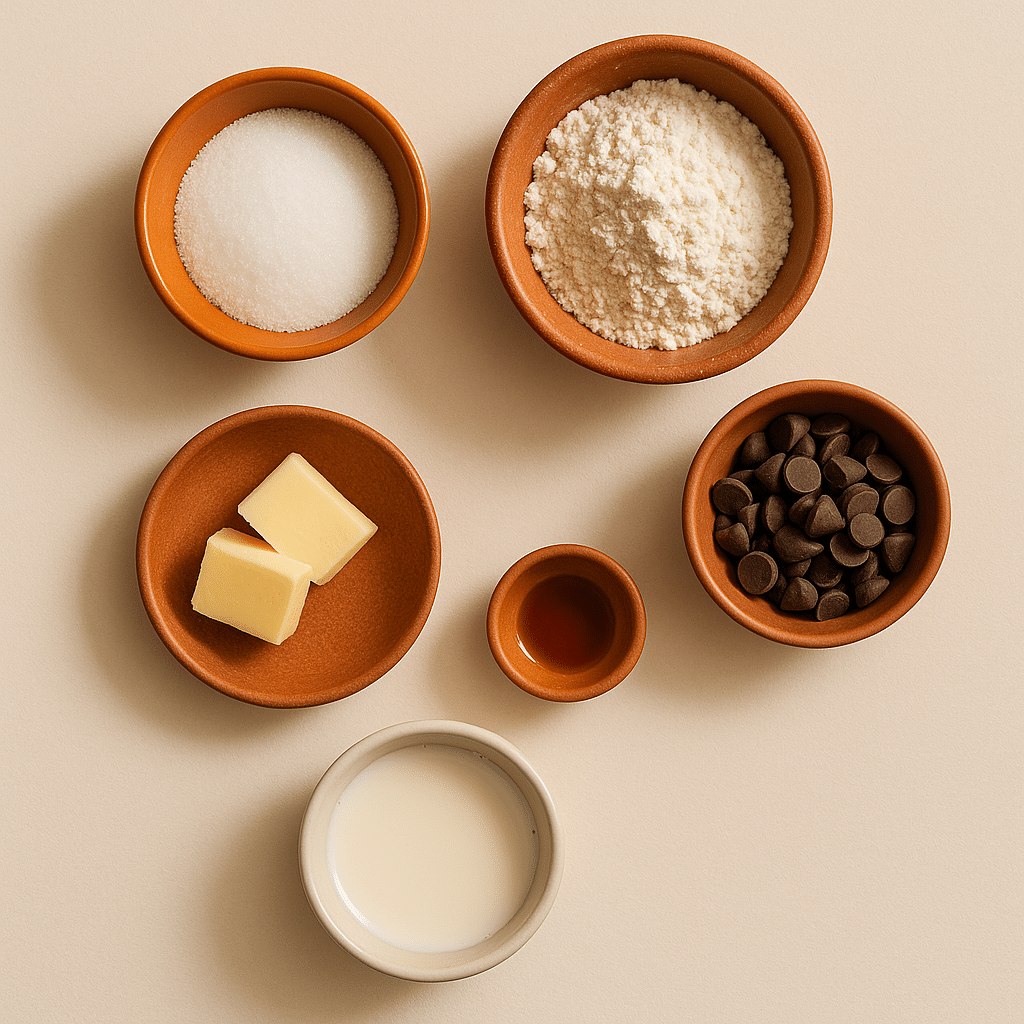 Ingredients for chocolate cookie in a mug recipe laid out flat