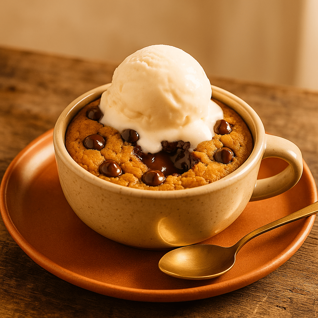 Gooey chocolate cookie in a mug topped with vanilla ice cream