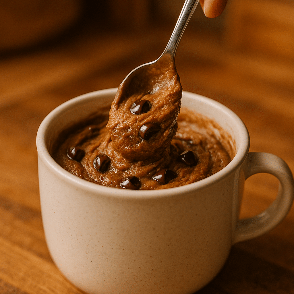 Stirring chocolate cookie dough in a mug before microwaving
