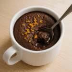 Chocolate Orange Mug Cake in white mug with gooey center and orange zest