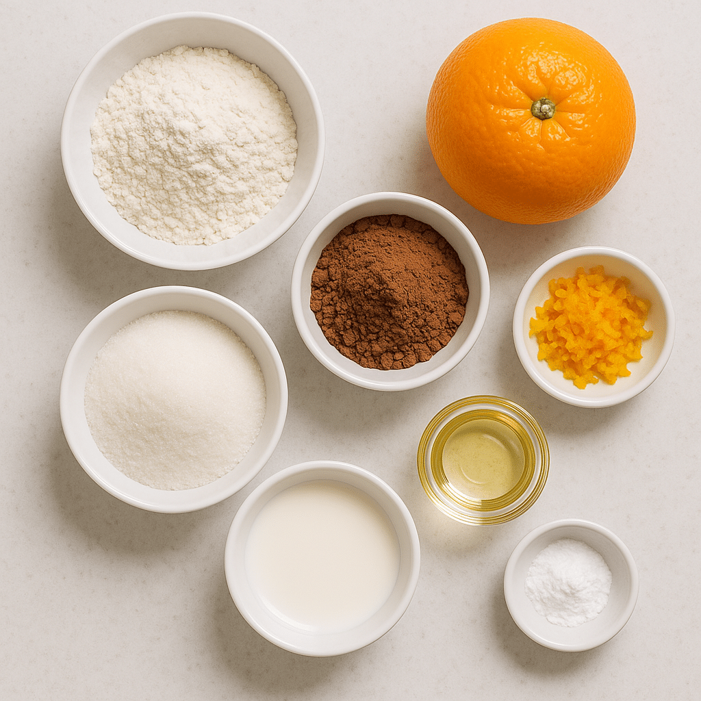 Chocolate Orange Mug Cake ingredients displayed on kitchen counter