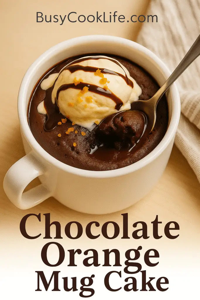 Pinterest chocolate orange mug cake visual with cozy kitchen style