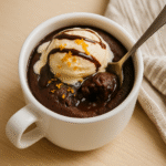 Chocolate Orange Mug Cake served with ice cream and chocolate drizzle