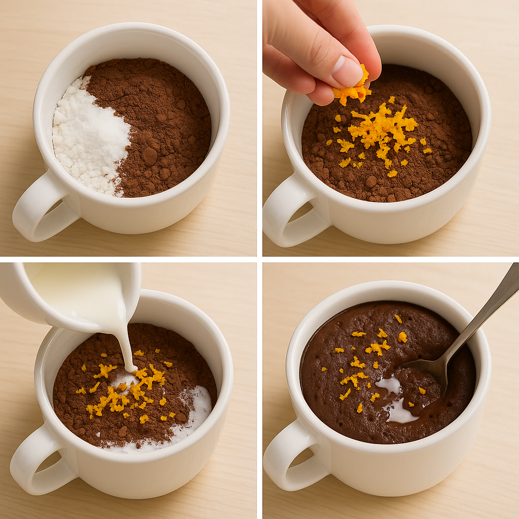 Step-by-step process of making chocolate orange mug cake