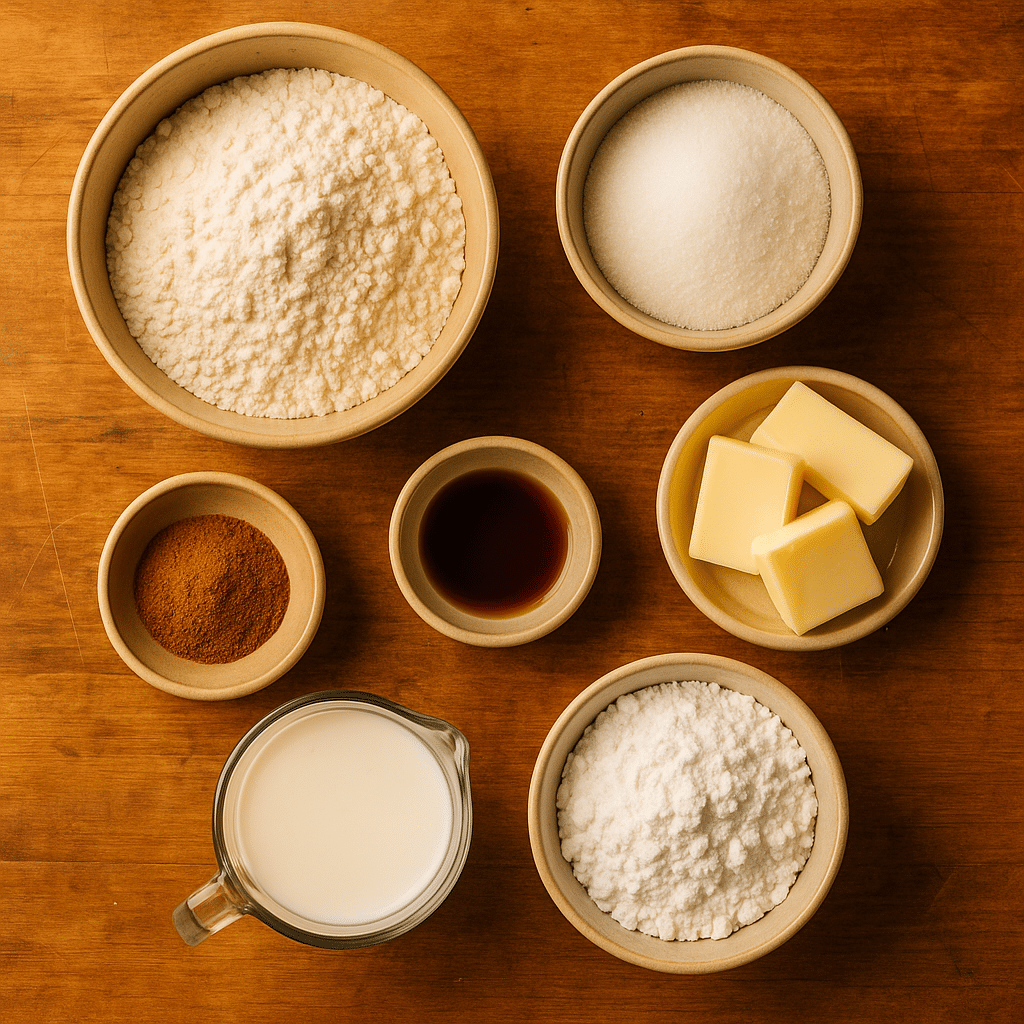 Cinnamon roll in a mug ingredients on wooden counter