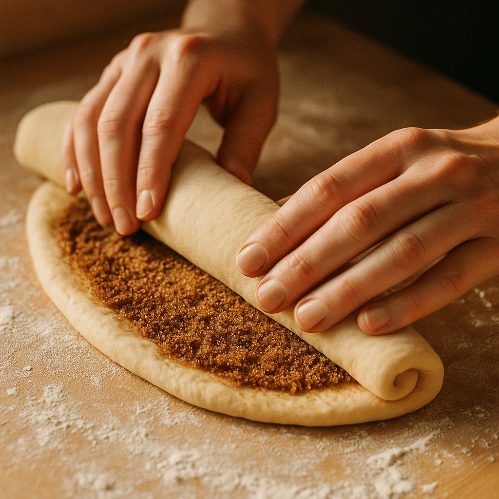 Rolling dough for cinnamon roll in a mug with brown sugar filling