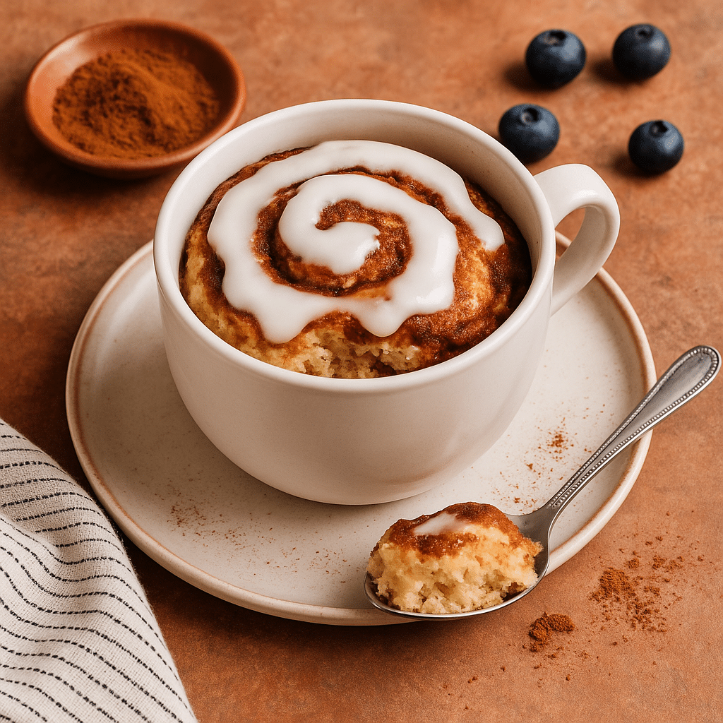 Served cinnamon roll in a mug with icing and spoonful removed