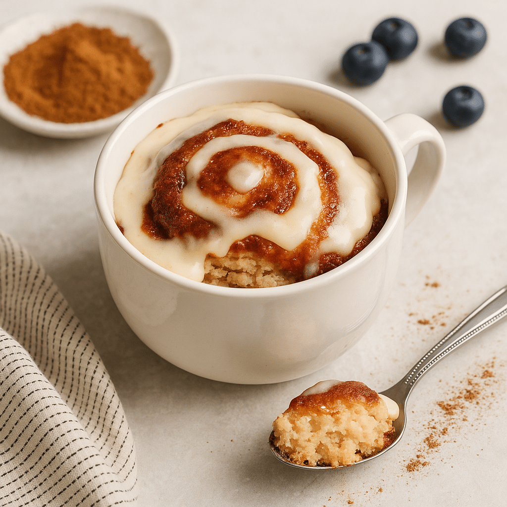 Cinnamon roll in a mug served warm with glaze and blueberries