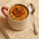 Coffee cake mug cake in ceramic mug with crumb topping