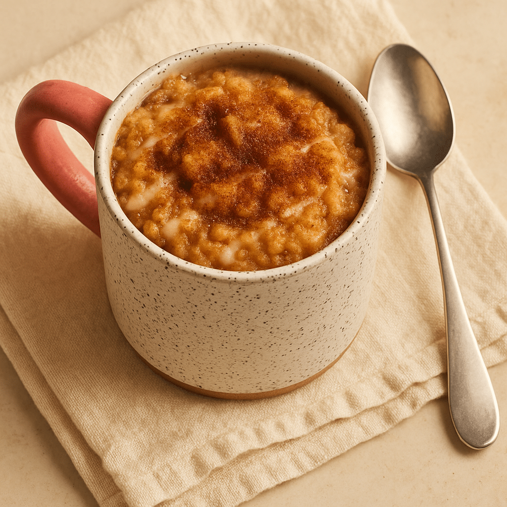 Coffee cake mug cake in ceramic mug with crumb topping