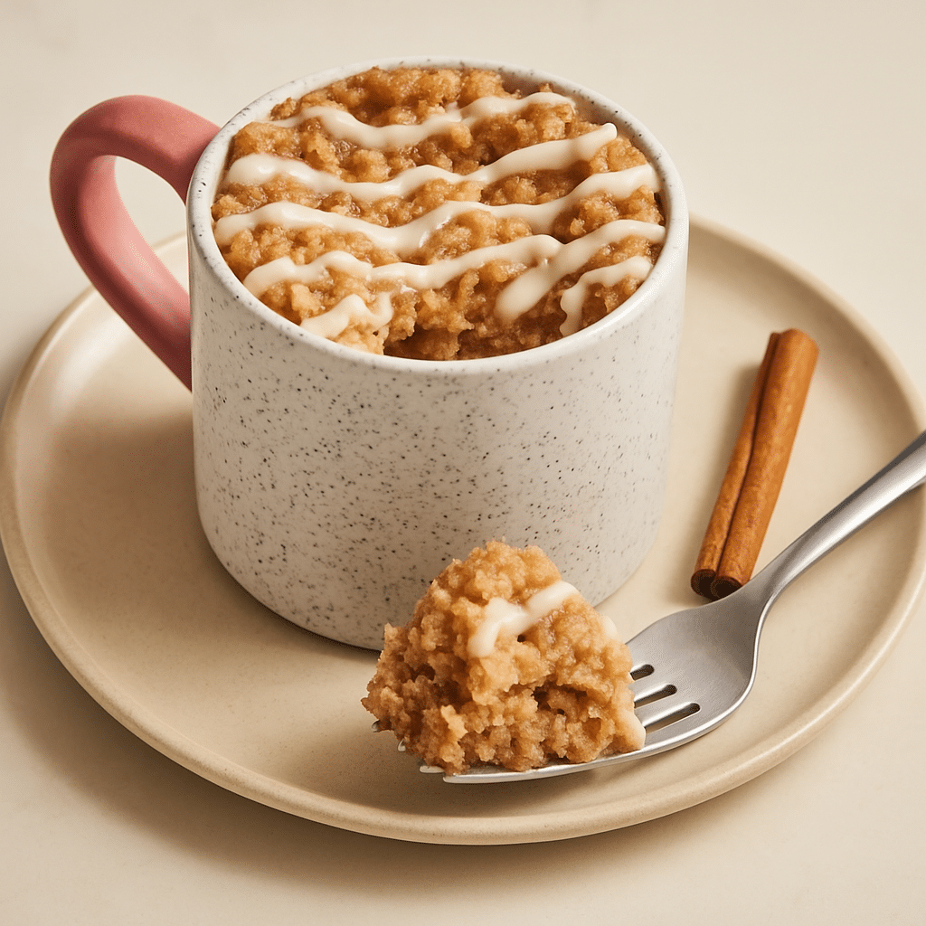 Served coffee cake mug cake with cinnamon stick