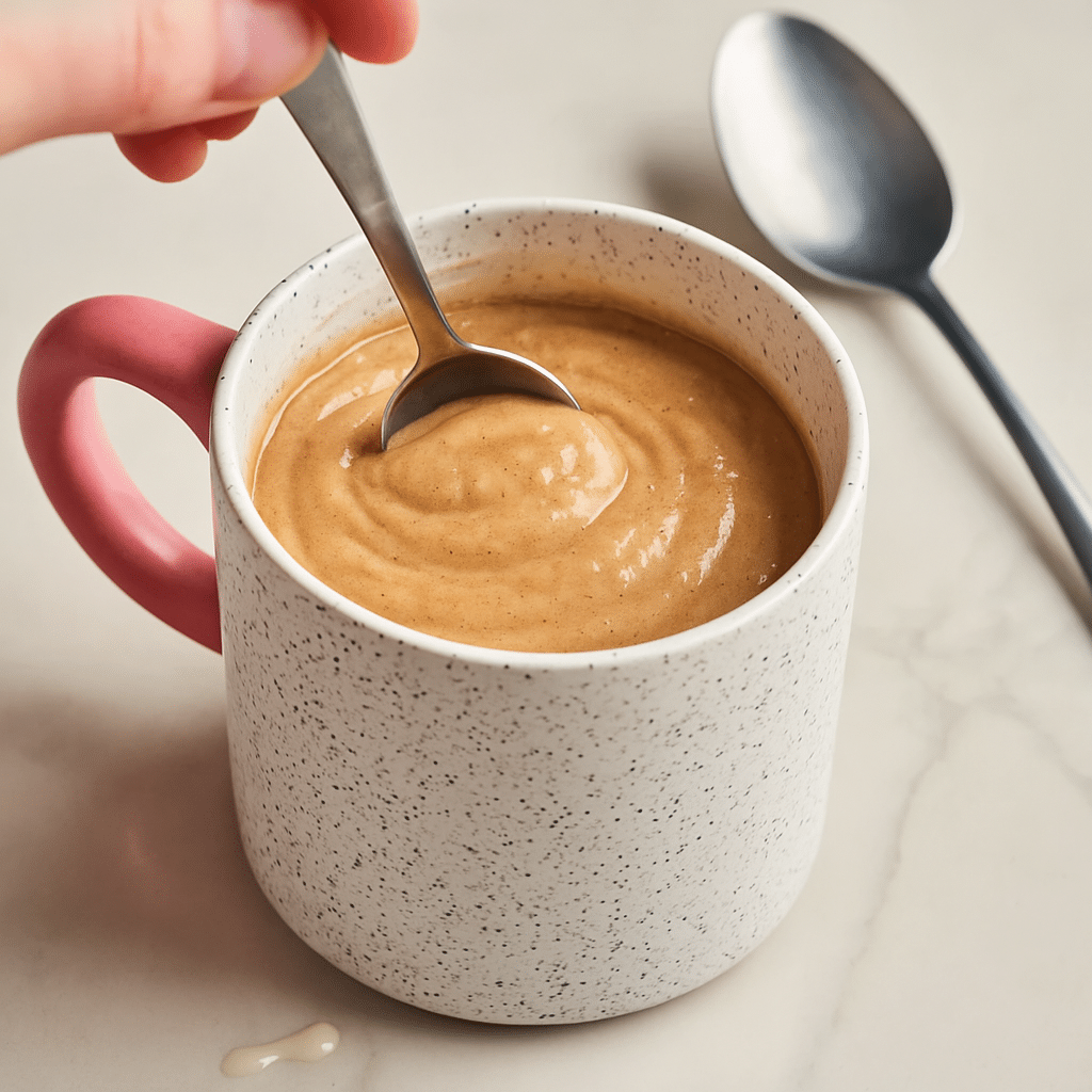 Mixing coffee cake mug cake batter in white mug