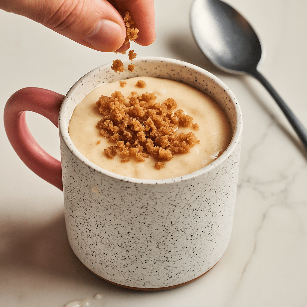 Crumb topping sprinkled over mug cake batter