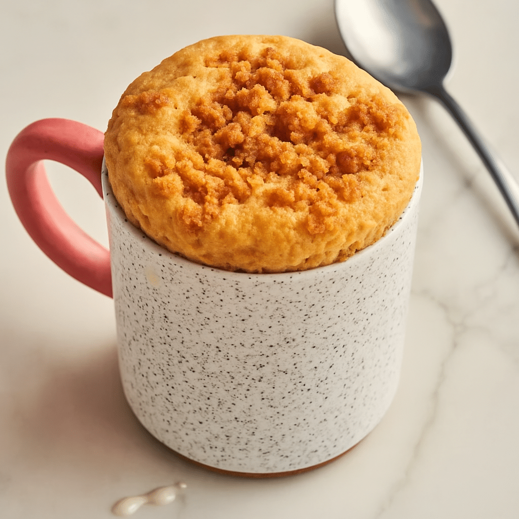 Cooked mug cake with golden cinnamon crumb topping