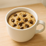 Cookie dough mug cake with gooey chocolate chips served in a white mug